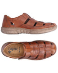 Pair of Brown leather fisherman sandals with Rieker logo on Velcro strap as well as on tan footbed and light brown outsole.
