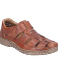 Brown leather fisherman sandal with Rieker logo on Velcro strap and light brown outsole.
