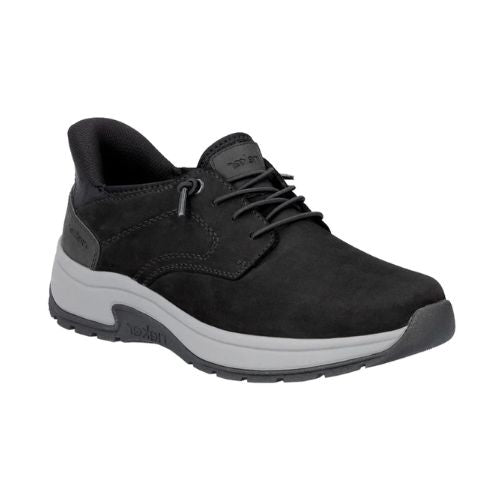 Black leather slip on shoe with dark grey accents, elastic laces, accent stitching, thick grey midsole and black outsole.