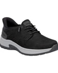 Black leather slip on shoe with dark grey accents, elastic laces, accent stitching, thick grey midsole and black outsole.