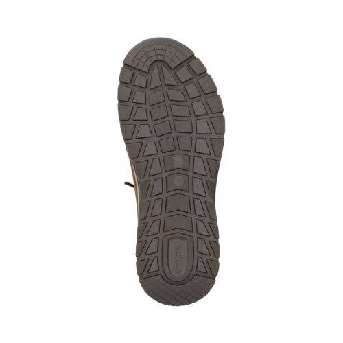Brown treaded outsole with simple shape pattern and Rieker logo on heel.