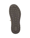 Brown treaded outsole with simple shape pattern and Rieker logo on heel.