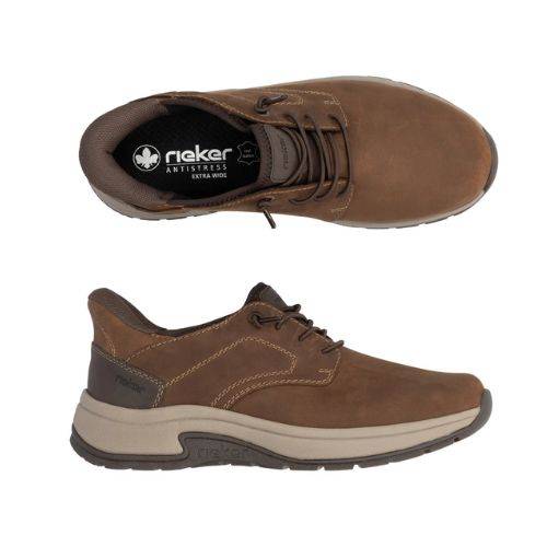 Pair of Brown leather slip on shoes with dark brown accents, elastic laces, accent stitching, black Rieker logo'd footbed, thick beige midsole and dark brown outsole.