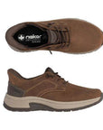 Pair of Brown leather slip on shoes with dark brown accents, elastic laces, accent stitching, black Rieker logo'd footbed, thick beige midsole and dark brown outsole.