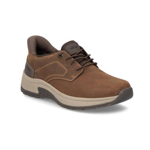 Brown leather slip on shoe with dark brown accents, elastic laces, accent stitching, thick beige midsole and dark brown outsole.