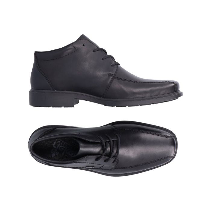 Side and top views of the Rieker B0011 men's lace-up dress boot showing sleek black leather design and breathable construction.