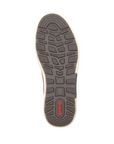 Brown treaded outsole with red Rieker logo on heel.