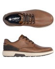 Pair of Lace-up leather sneakers in brown with navy accent heel, beige midsole and black outsole.