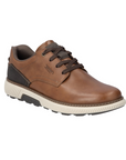 Lace-up leather sneaker in brown with navy accent heel, beige midsole and black outsole.