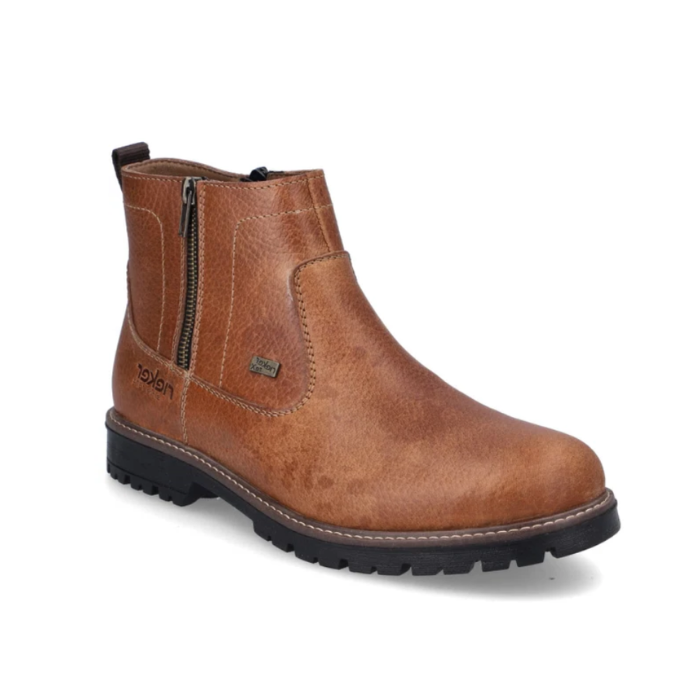 Brown chelsea inspired boot with zippers on both sides, Rieker logo and Rieker-tex logo on either side of the outer zipper. Black treaded outsole with a dark brown midsole showing a tan stitching accent. Tan stitching can be seen throught the boot. Dark brown pull on tab at heel