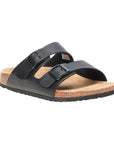 Black Austin sandal with two buckle straps over foot and cork footbed by Viking