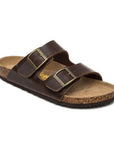 Dark brown Austin sandal with two buckle straps over foot and cork footbed by Viking