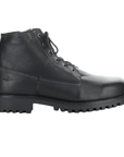 black leather ankle boot with laces and thick treaded outsole.