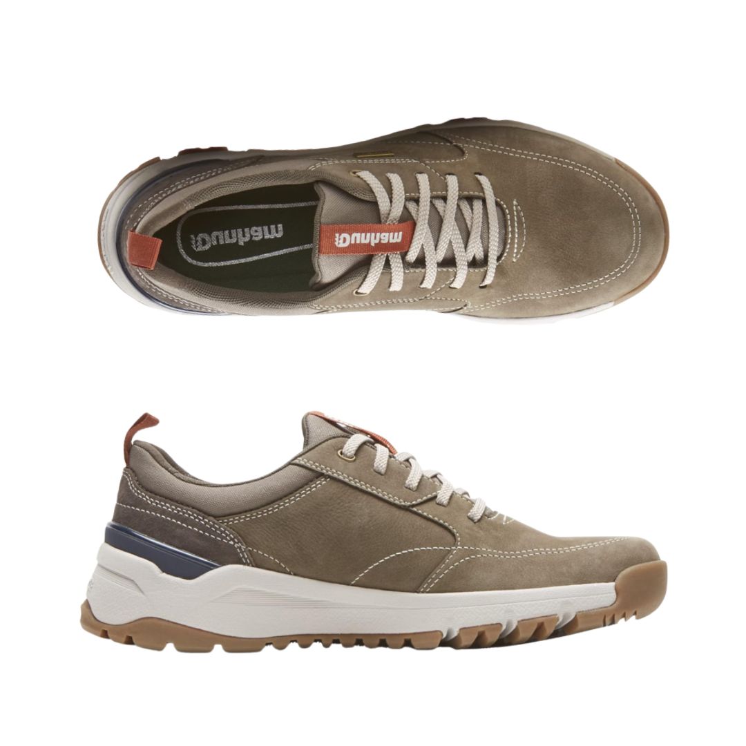 Top and side view of tan Dunham Glastonbury Ubal II Sneaker showcasing waterproof leather and cushioned insole for comfort.