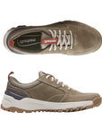 Top and side view of tan Dunham Glastonbury Ubal II Sneaker showcasing waterproof leather and cushioned insole for comfort.