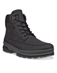 Black mid leather boot with black laces, detailed stitching and black lugged outsole.