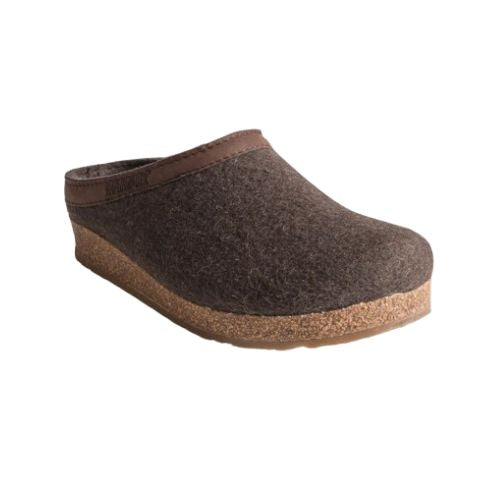 Haflinger Grizzly Wool Clog in brown wool with cork-latex sole. Men's slipper designed for warmth, durability, and non-skid indoor wear.