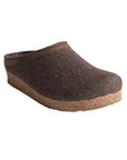 Haflinger Grizzly Wool Clog in brown wool with cork-latex sole. Men's slipper designed for warmth, durability, and non-skid indoor wear.