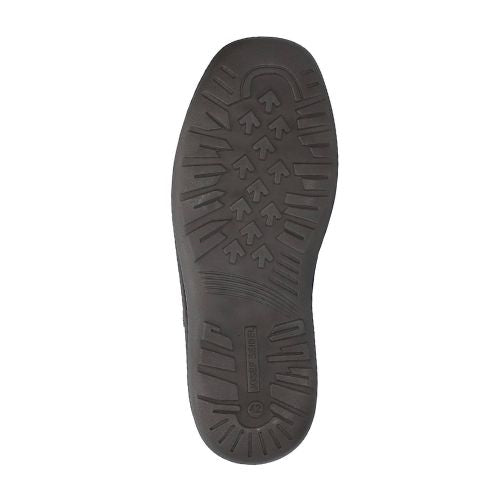 Black rubber outsole with arrow patterned tread.