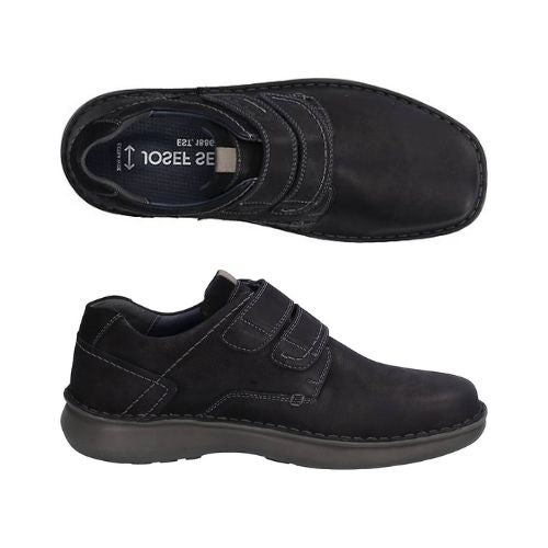 Top and side view of Alan 02 Slip-On. Shoe has a square toe. Insole is black leather with Josef Seibel branding.
