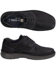Top and side view of Alan 02 Slip-On. Shoe has a square toe. Insole is black leather with Josef Seibel branding.