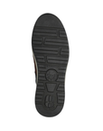 Black light treaded sneaker outsole with Mephisto logo in middle.