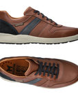 Pair of Brown leather casual sneakers with blue accents, orange Mephisto logo'd footebd and white midsole.