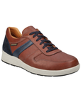 Brown leather casual sneaker with blue accents and white midsole.