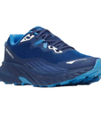 Blue running shoe with light blue and white accents, thick midsole and high treaded outsole.