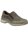 Brown slip-on shoe with dark brown accents and detail stitching.