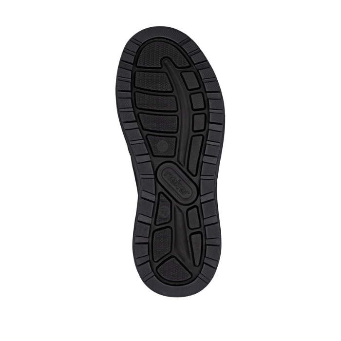 Black rubber treaded outsole with Rieker logo in middle.