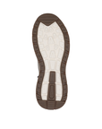 White and brown outsole of sneaker with light tread and Rieker logo on heel.