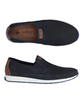Pair of Navy perforated slip-on loafers with tan Rieker logo'd footbed, white midsole and navy outsole.