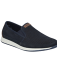 Navy perforated slip-on loafer with white midsole and navy outsole.