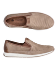 Pair of Light Brown perforated slip-on loafers with tan Rieker logo'd footbed, white midsole and brown outsole.