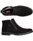 Top and side view of black ankle boot with silver side zipper closure. Red Rieker logo on heel.