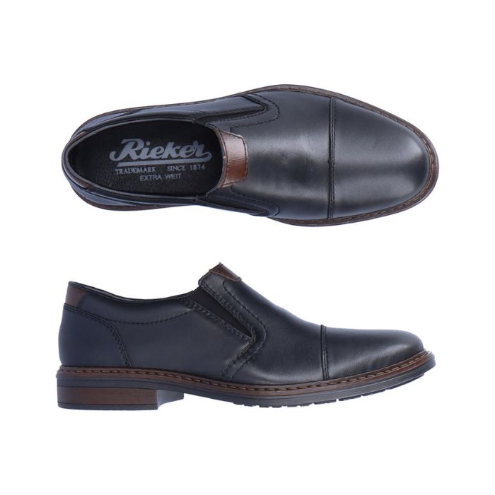 Top and side view of black Rieker 17659 men's dress shoes. Features flexible leather and cushioned insole for all-day wear.