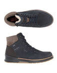 Pair of navy leather high-top boots with brown and gray details.
