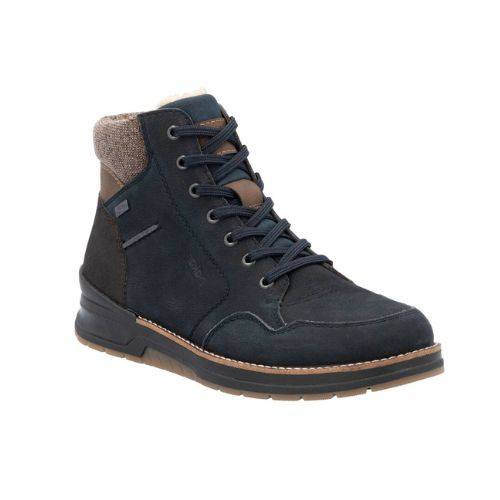 Rieker lace-up ankle boot in navy leather with brown accents, thick outsole, and knit collar.