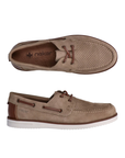 Pair of beige boat shoes with brown lacing, accent stitching, tan Rieker logo'd footbed and white outsole.