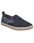 Navy loafer with mesh upper, jute wrap midsole and beige outsole.