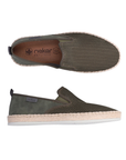 Pair of Dark Green loafers with mesh upper, tan Rieker logo'd footbed, jute wrap midsole and beige outsole.