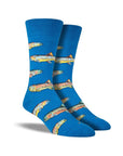 Socks in bright blue featuring multicolored trout design.