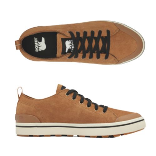 Top and side views of Men's Sorel Metro II Low Sneaker showcasing waterproof leather upper and cushioned sole for all-day comfort.
