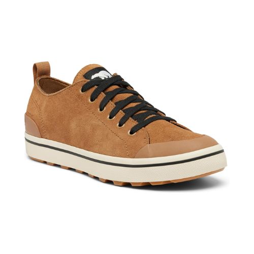Men's Sorel Metro II Low Sneaker in brown suede with black laces and waterproof design, ideal for casual wear and seasonal transitions.