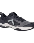 Black athletic shoe with breathable upper and textured sole for lateral stability.