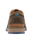 Heel of Brown nubuck dress shoe with accent stitching, Clarks logo stamped on edge and brown midsole.