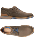 Pair of brown nubuck dress shoes with blue laces, accent stitching, Clarks logo'd footbed and brown midsole.