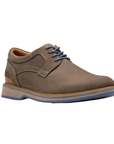 Brown nubuck dress shoe with blue laces, accent stitching and brown midsole.