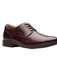 Dark Brown leather derby dress shoe with stitching details and low heel.